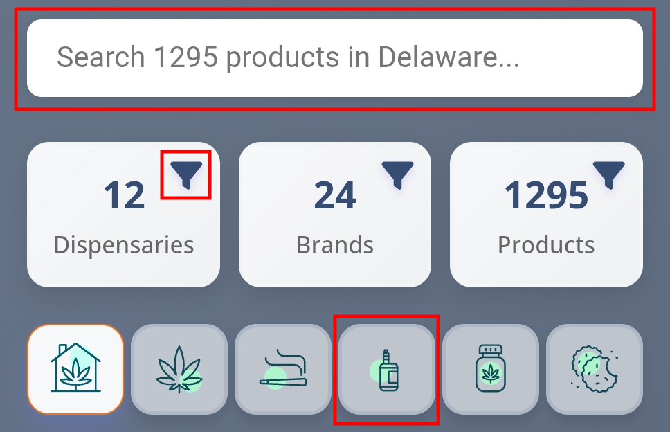 Tutorial showing three search methods: text search bar, dispensary/brand/product filters, and category buttons